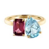 Moi et Toi Ring – Emerald cut 1.47ct Red Spinel, and Pear shape 2.2ct Blue Topaz – 18K Yellow Gold ✨